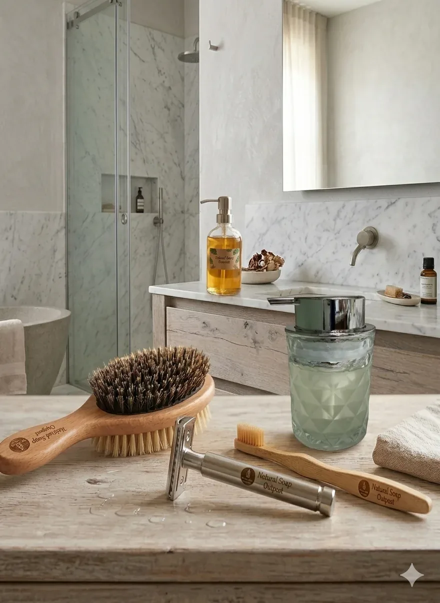 Minimalist collection of a wooden hairbrush, metal razor, and glass soap dispenser.