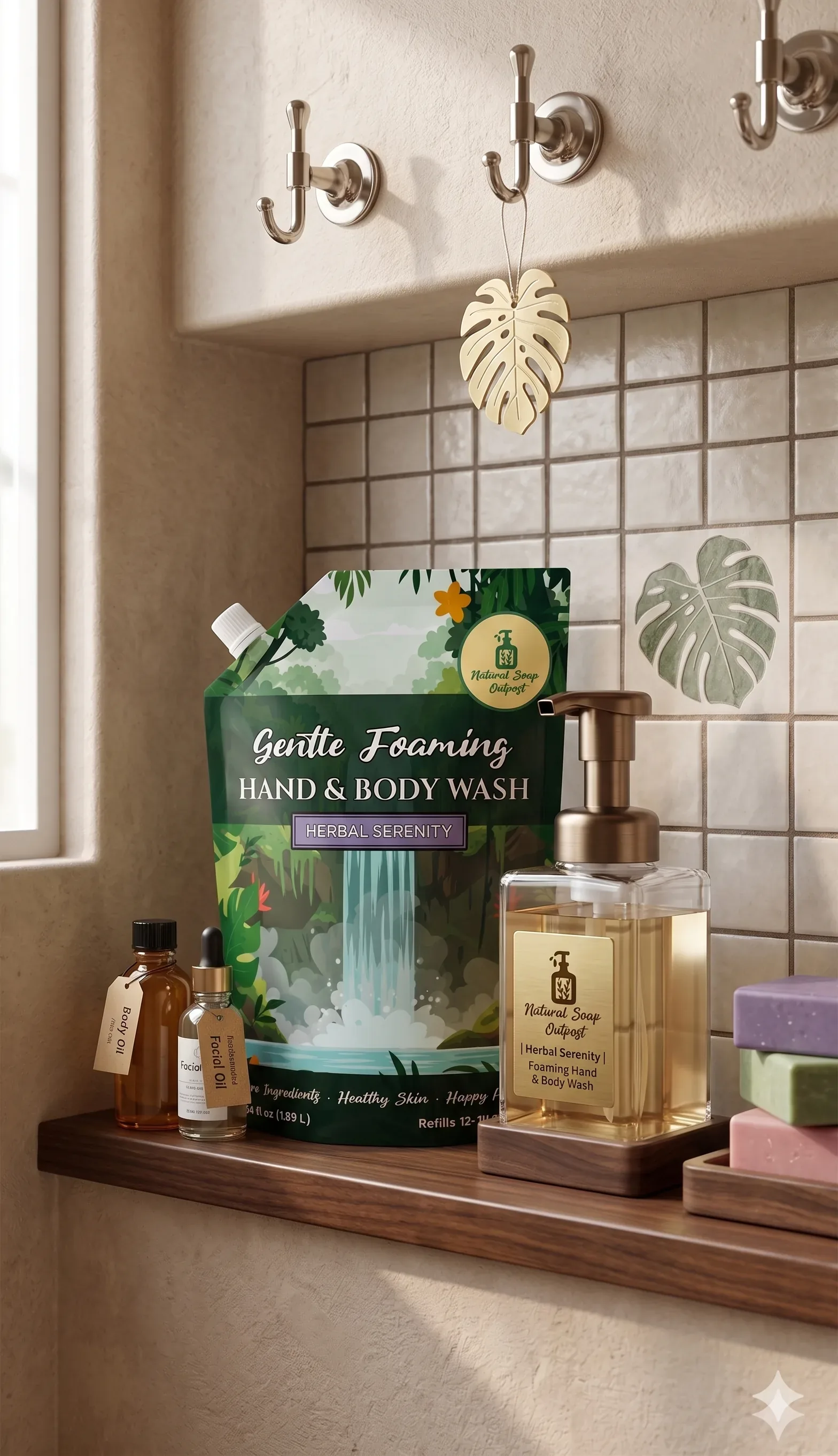 A bathroom shelf niche featuring only glass and metal containers for a clean, high-end look.