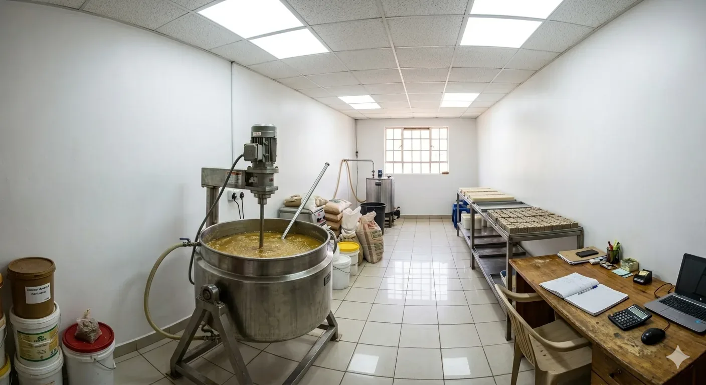 Wide-angle shot of a clean production space with stainless steel surfaces and organized jars.