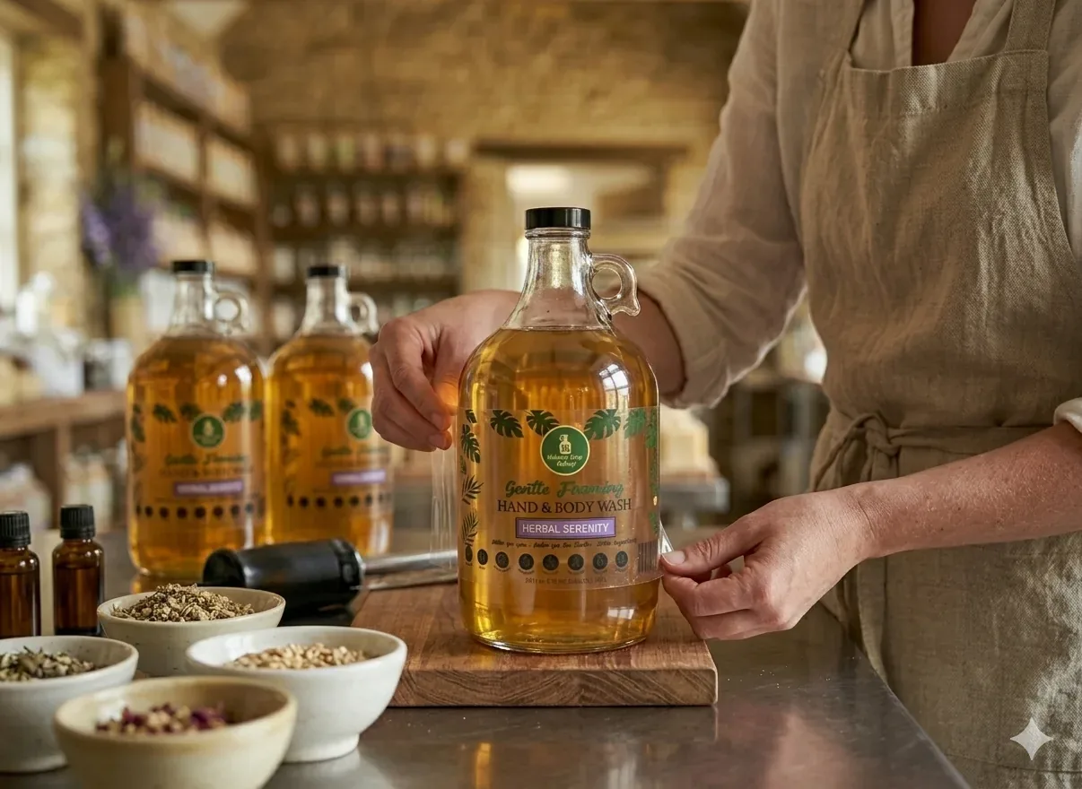 Close-up of a product label being carefully hand-applied to a finished soap bottle.