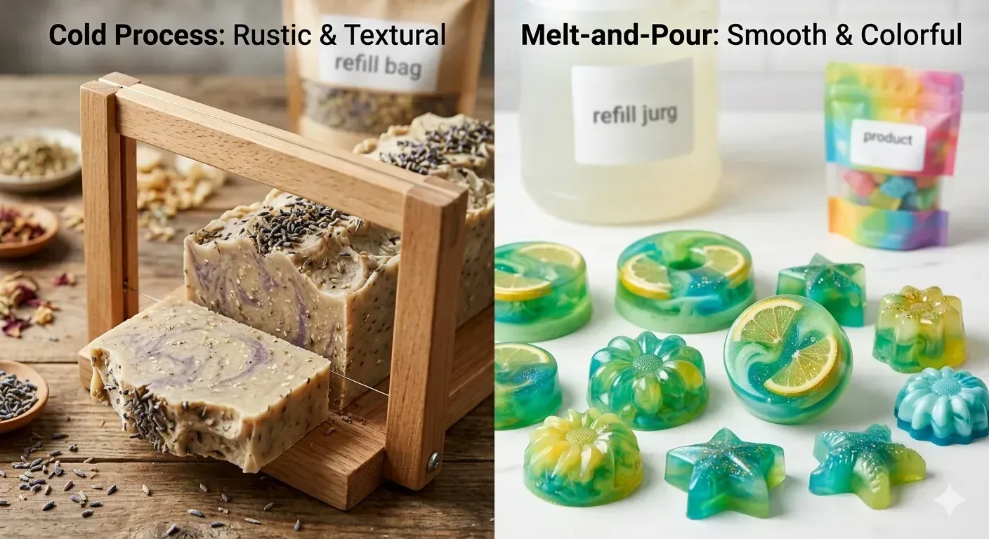 A split image of a rustic cold process soap block being cut versus colorful molded soaps.