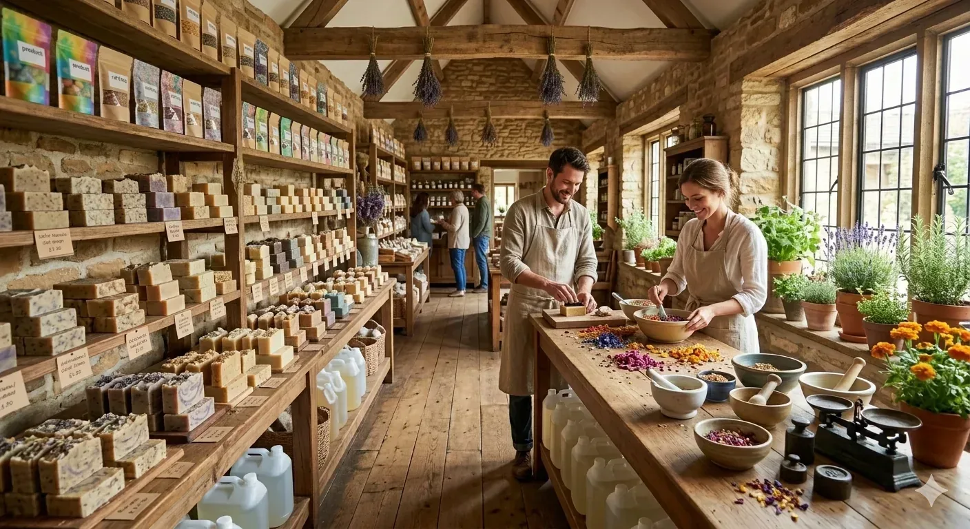 Rows of handcrafted bar soaps lined up on curing shelves in a workshop.