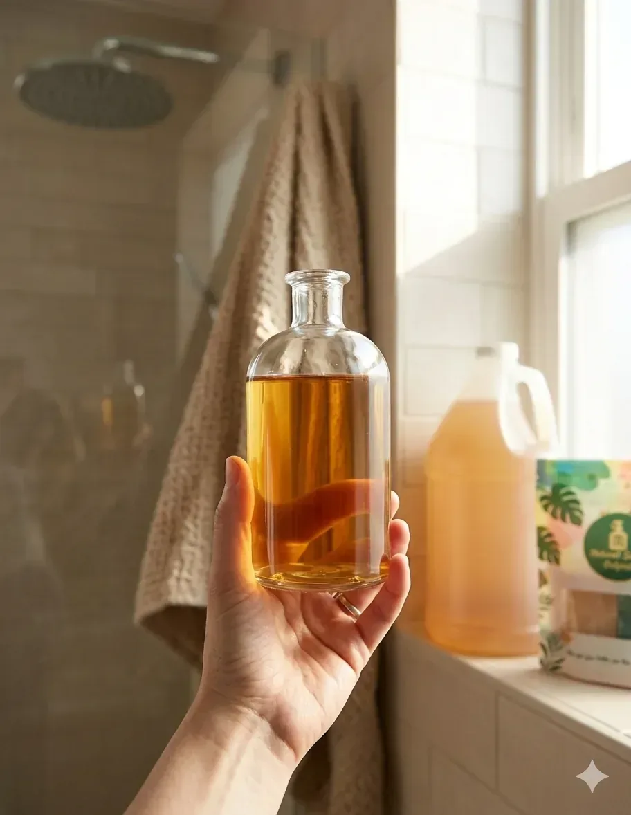 A clear bottle of amber liquid soap held up to a window showing rich transparency.
