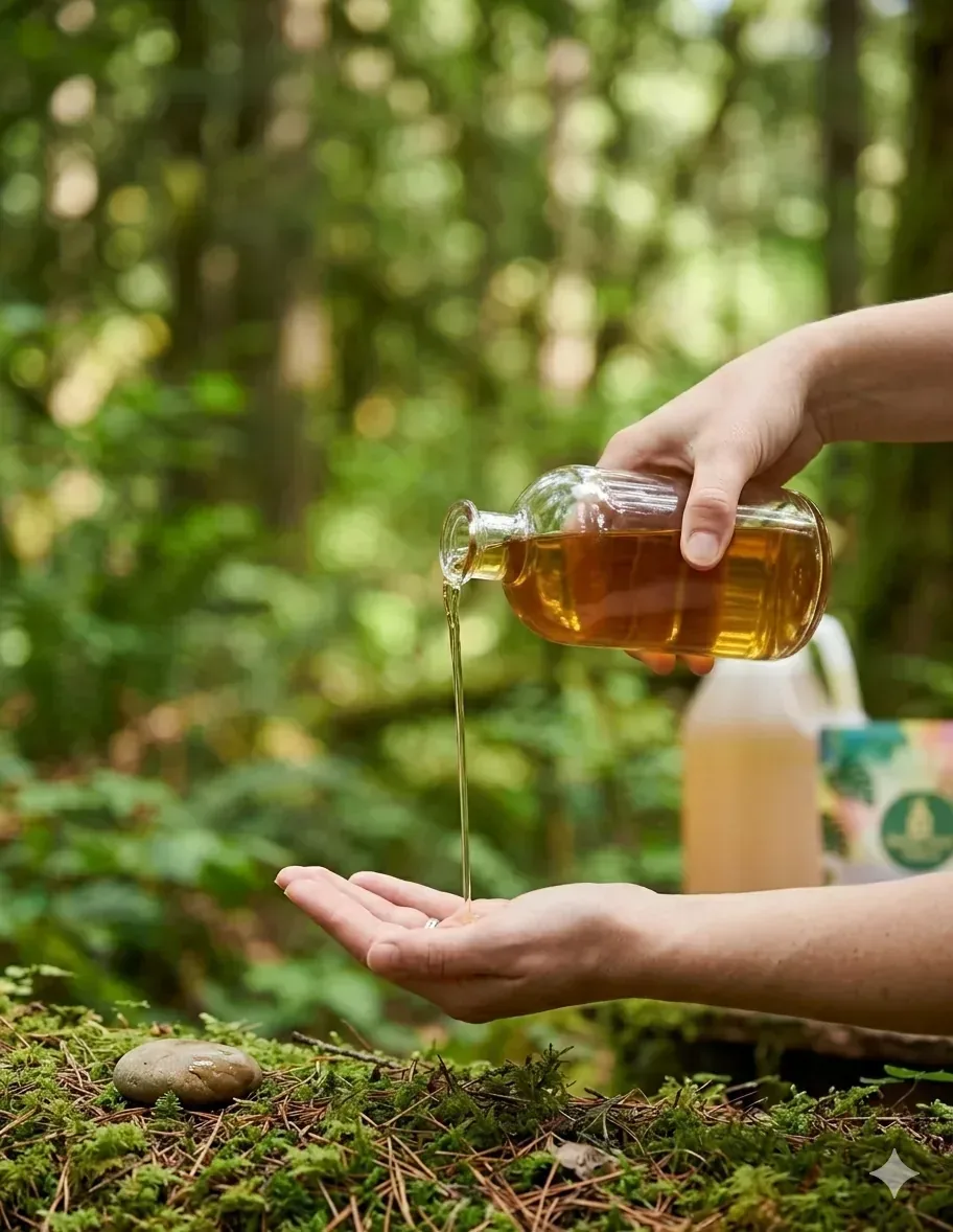 Liquid soap being poured with a blurred background of green forest leaves.