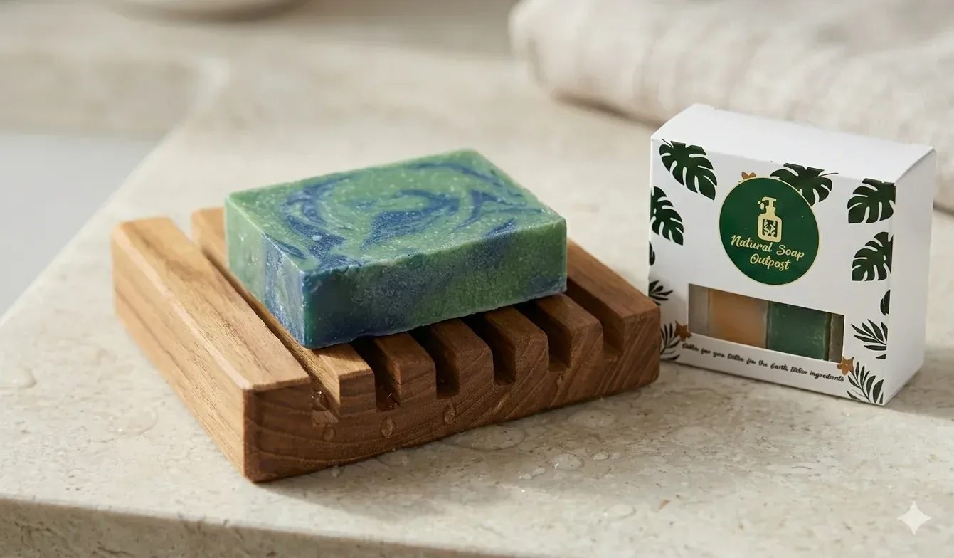 Handcrafted bar soap on a wooden soap dish with clear drainage slats.