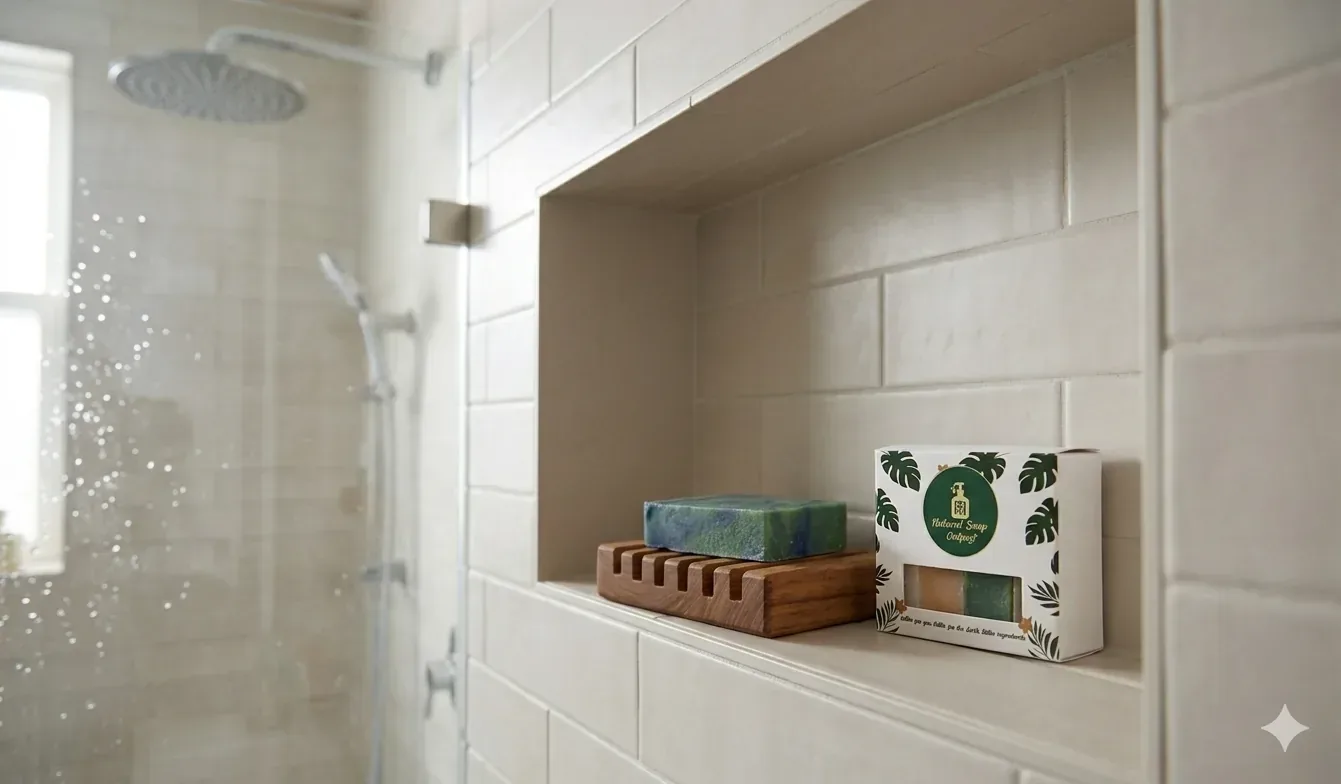 Bar soap stored on a high recessed shower shelf away from direct water spray.