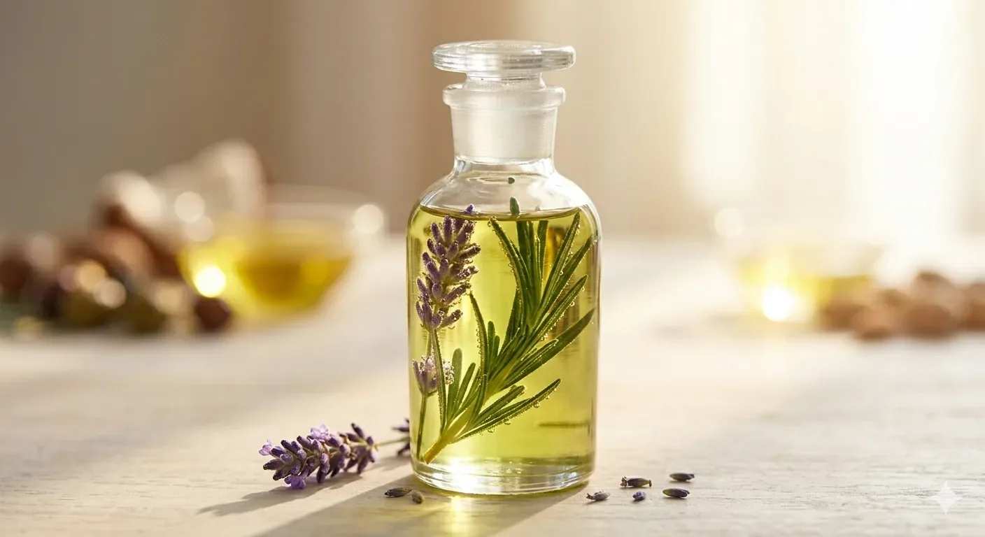 A clear glass bottle of oil with a sprig of rosemary illuminated by natural sunlight.