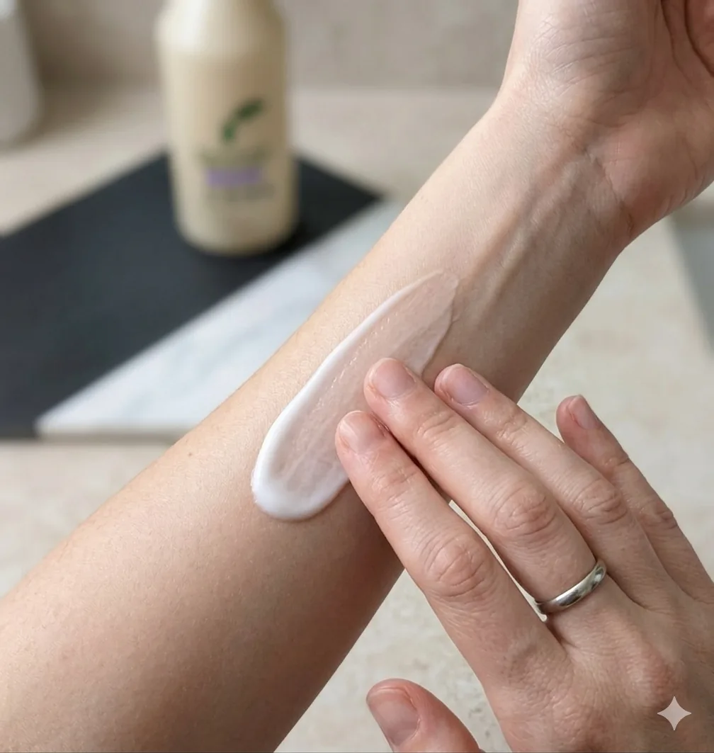Close-up of lotion being rubbed into a forearm, showing a hydrated, matte skin finish.