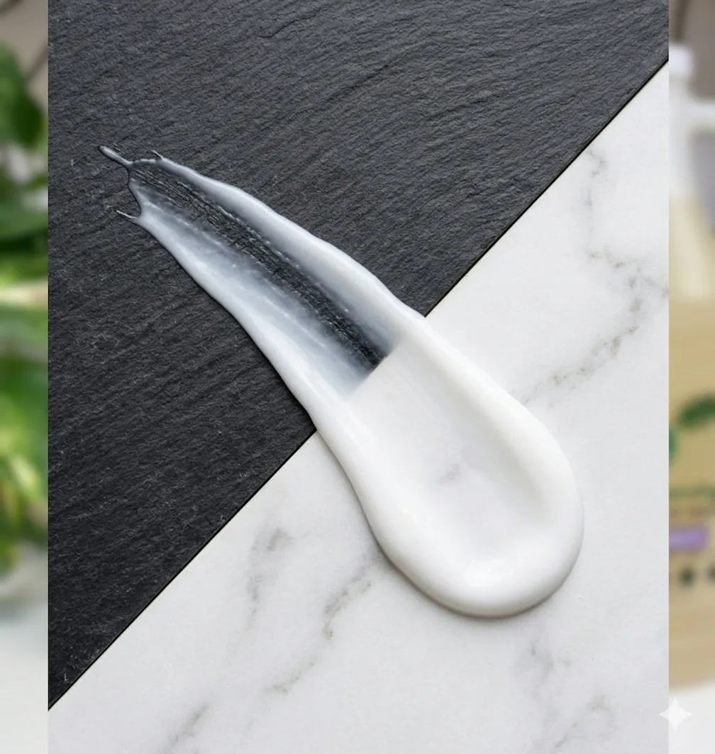 A clean swoosh of white plant-based lotion on a grey slate surface.