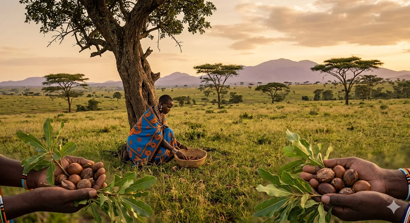woman in traditional Kenyan attire harvests raw ingredients in the vast, golden savannah at sunset, with acacia trees and distant mountains in the background.