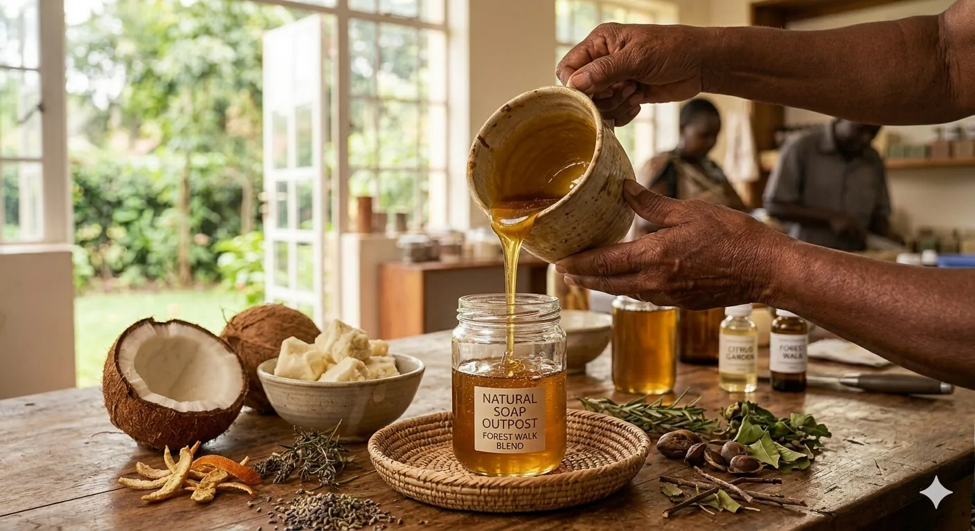 A close-up of hands pouring a thick, golden soap mixture into a wooden mold on a rustic table featuring raw coconut, shea butter, and dried botanicals overlooking the Kenyan countryside.