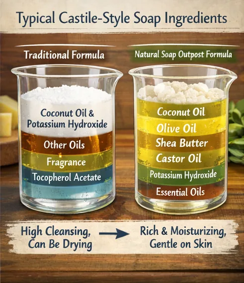 Side-by-side comparison of two soap formulations in glass beakers, showing a traditional castile-style formula dominated by coconut oil and potassium hydroxide versus a balanced formula with coconut o