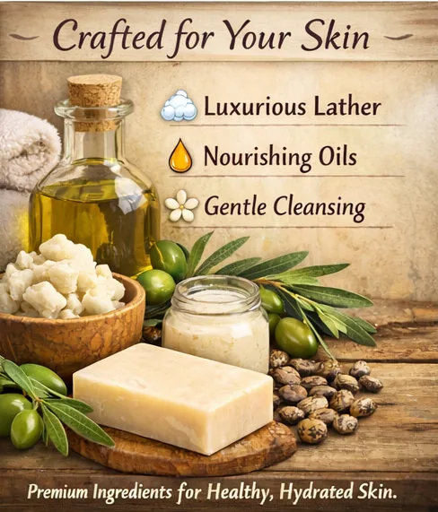 Natural soap ingredients including olive oil, shea butter, coconut oil, and castor oil arranged beside a finished soap bar, highlighting nourishing oils used for gentle, moisturizing cleansing.