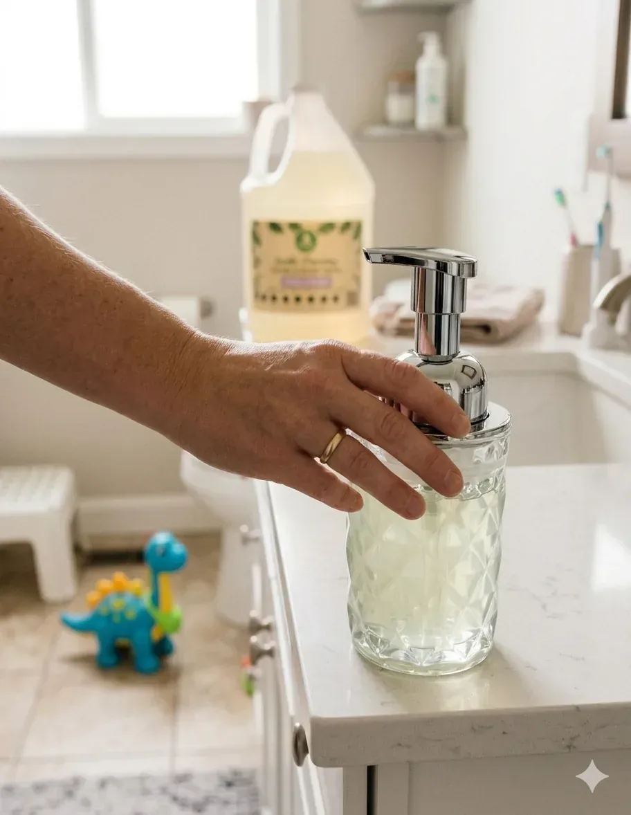 A focused shot of a parent grabbing a refillable soap bottle while a child's toy sits in the background.