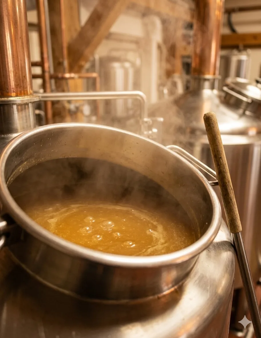 Warm-toned shot of a stainless steel kettle with steam rising over golden liquid soap.