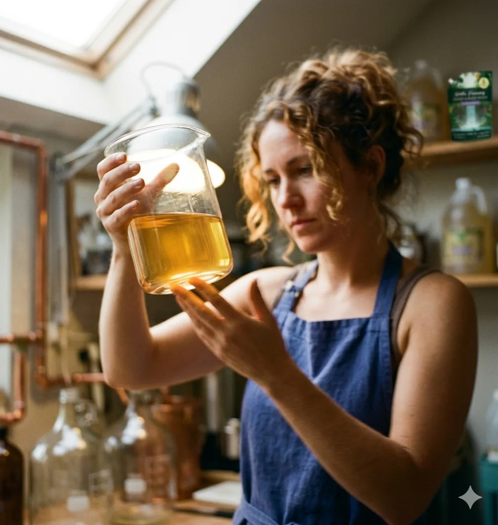 A maker checking the clarity of liquid soap in a glass beaker against a light source.
