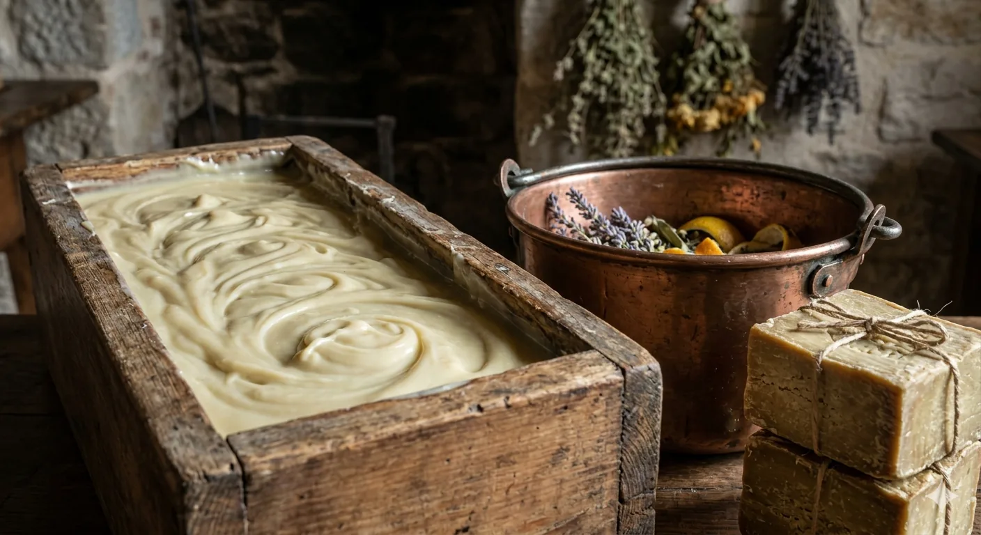 A close-up view of dark, aged olive oil liquid swirling into thick, opaque natural soap during the traditional saponification process, featuring a rustic wooden tool.