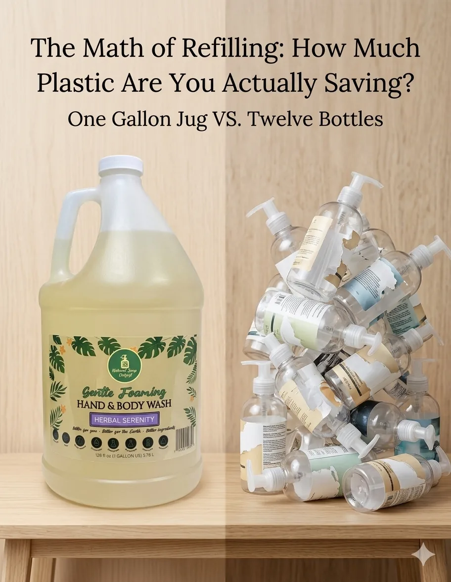 A side-by-side comparison of one large soap refill jug versus twelve small plastic pump bottles.