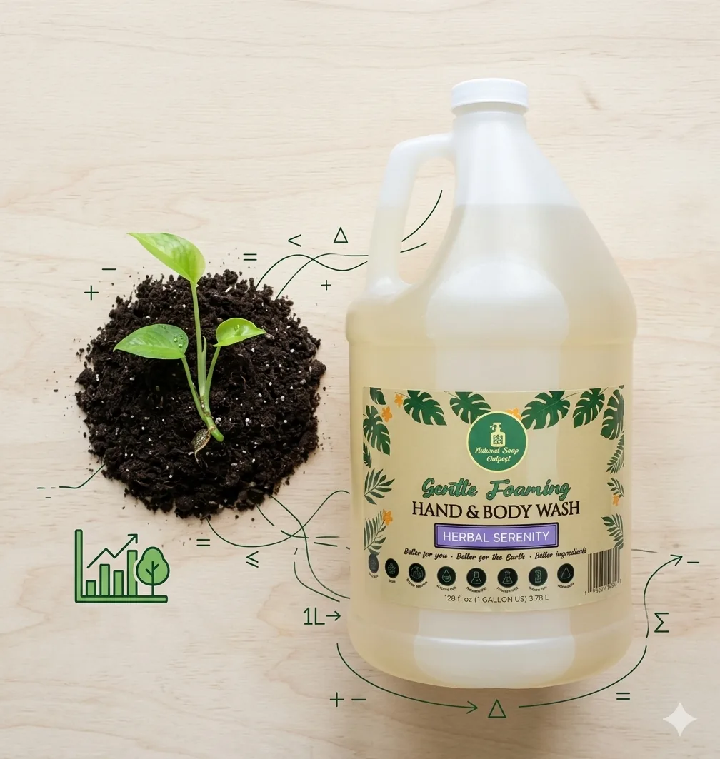 A minimalist flat lay of a refillable soap bottle next to a green sprout in dark soil.