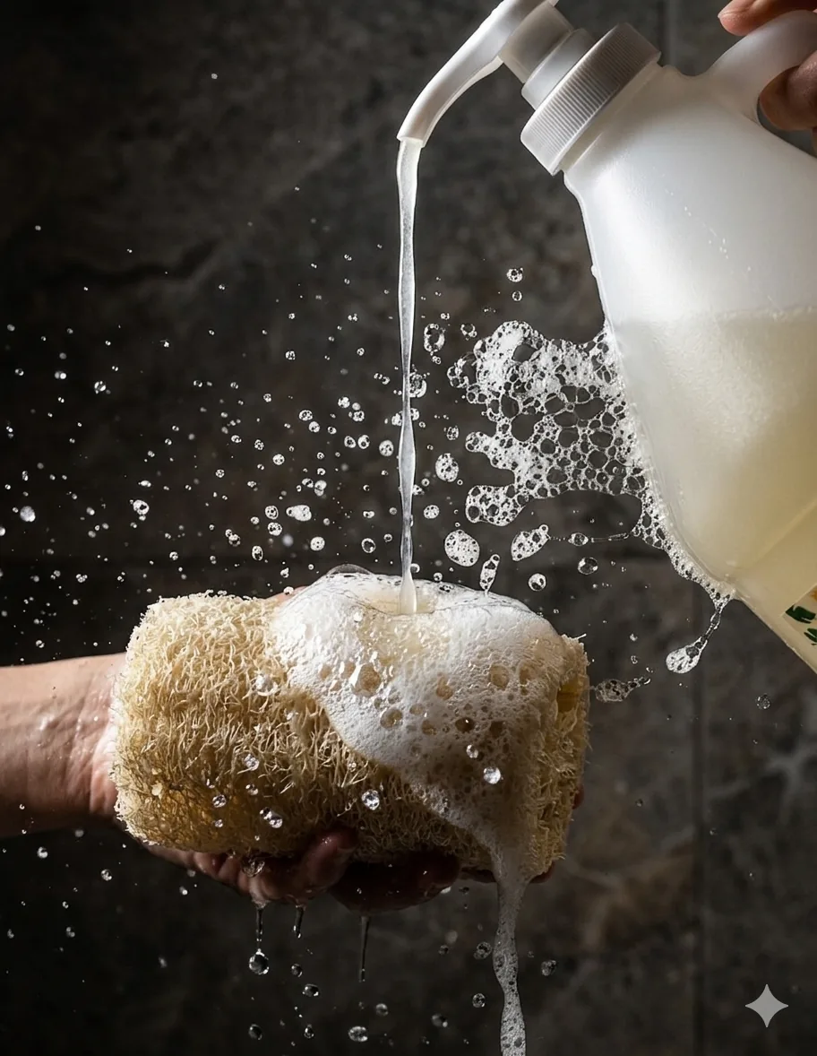Slow-motion shot of liquid soap hitting a damp loofah with suspended water droplets.