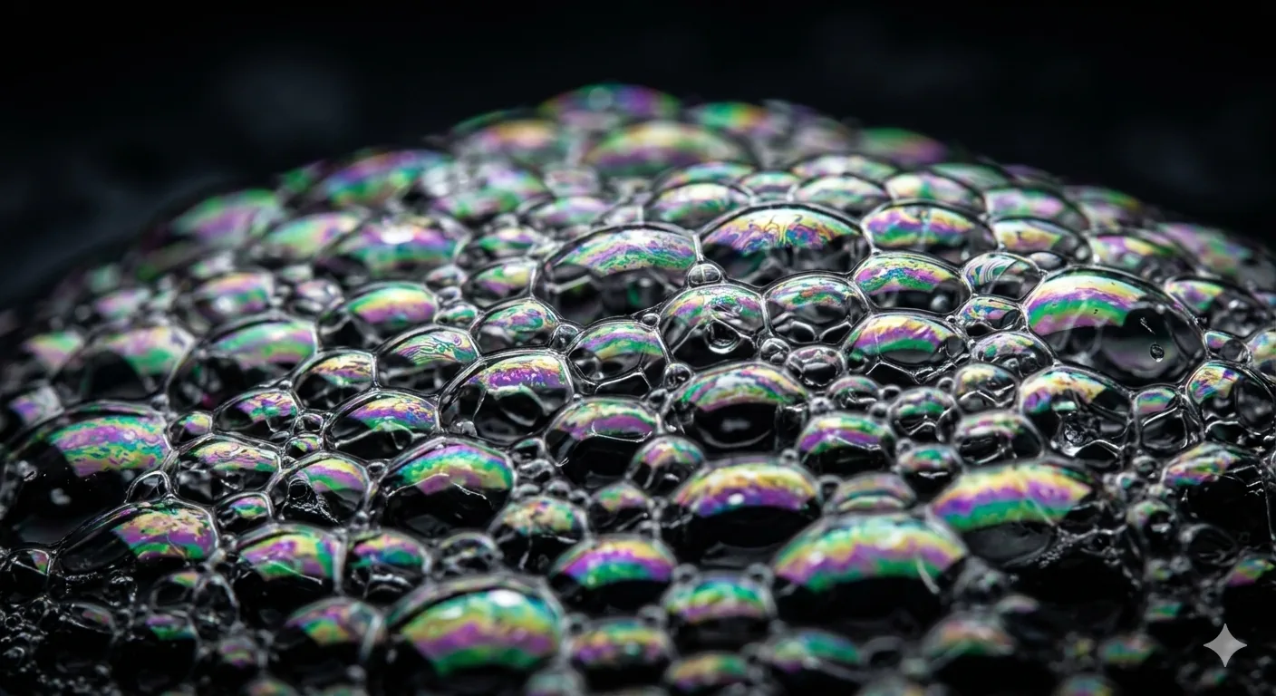 Extreme close-up of thick, velvety natural soap lather bubbles against a dark background.