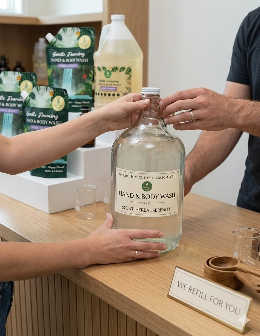 A customer getting a minimalist refill container across a clean wooden counter.