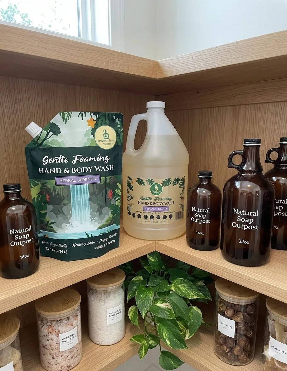 Aesthetic arrangement of amber glass jugs and clear canisters of liquid soap on a wooden shelf.