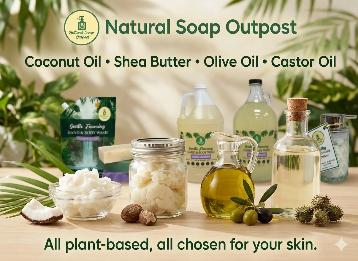 Coconut oil, shea butter, olive oil, and castor oil — the plant-based ingredients in Natural Soap Outpost soap