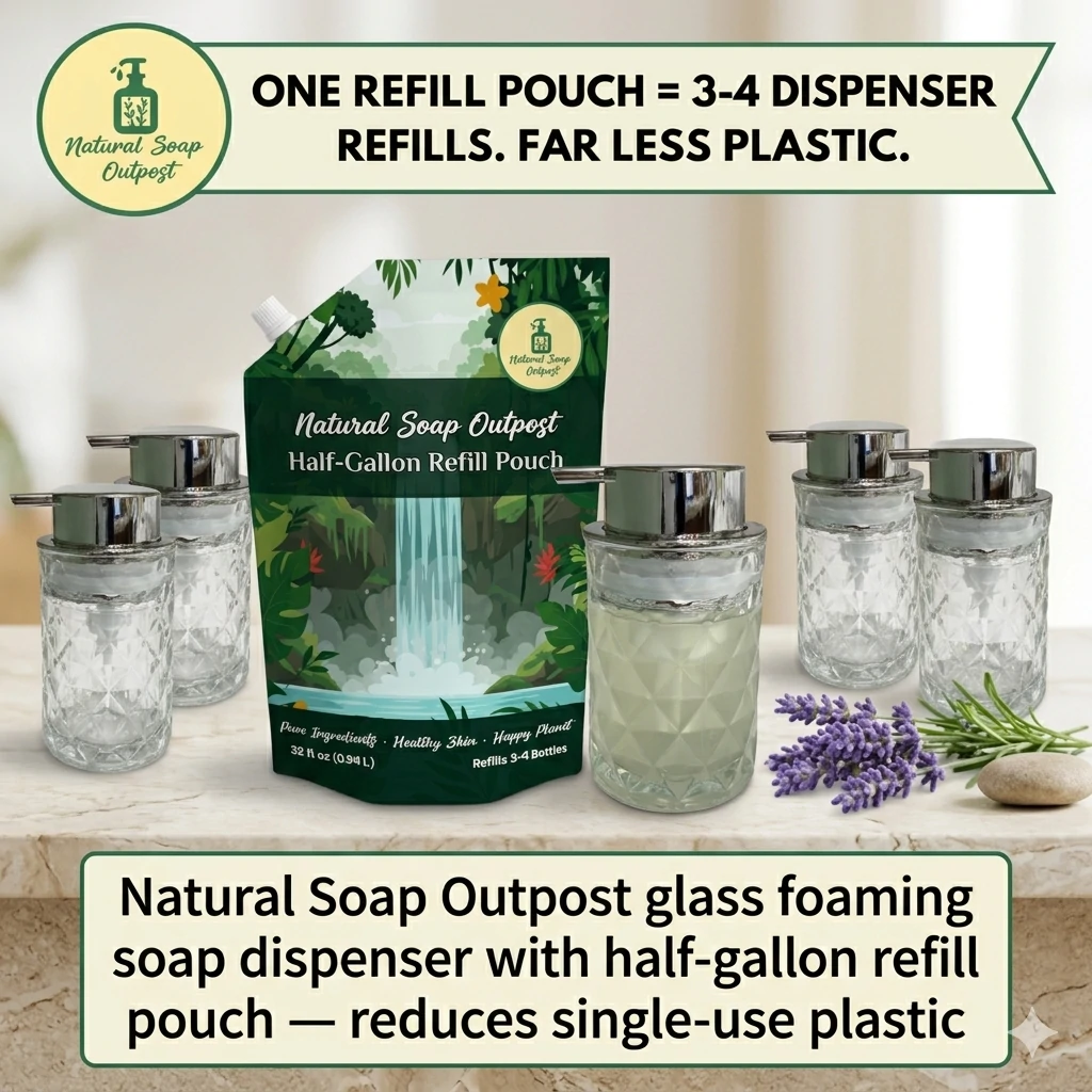 Natural Soap Outpost glass foaming soap dispenser with half-gallon refill pouch — reduces single-use plastic
