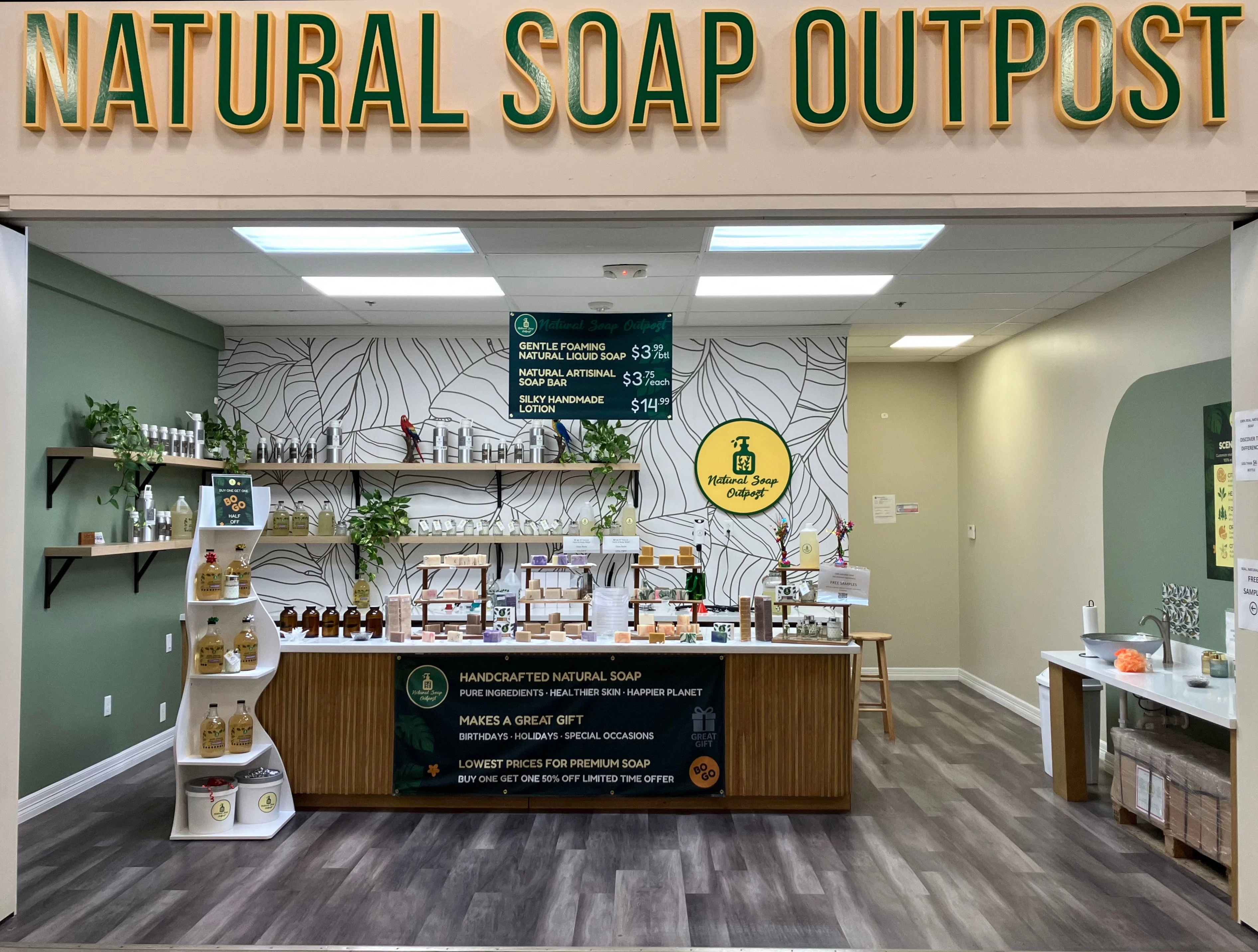 Natural Soap Outpost retail display at H-E-B in Cypress TX